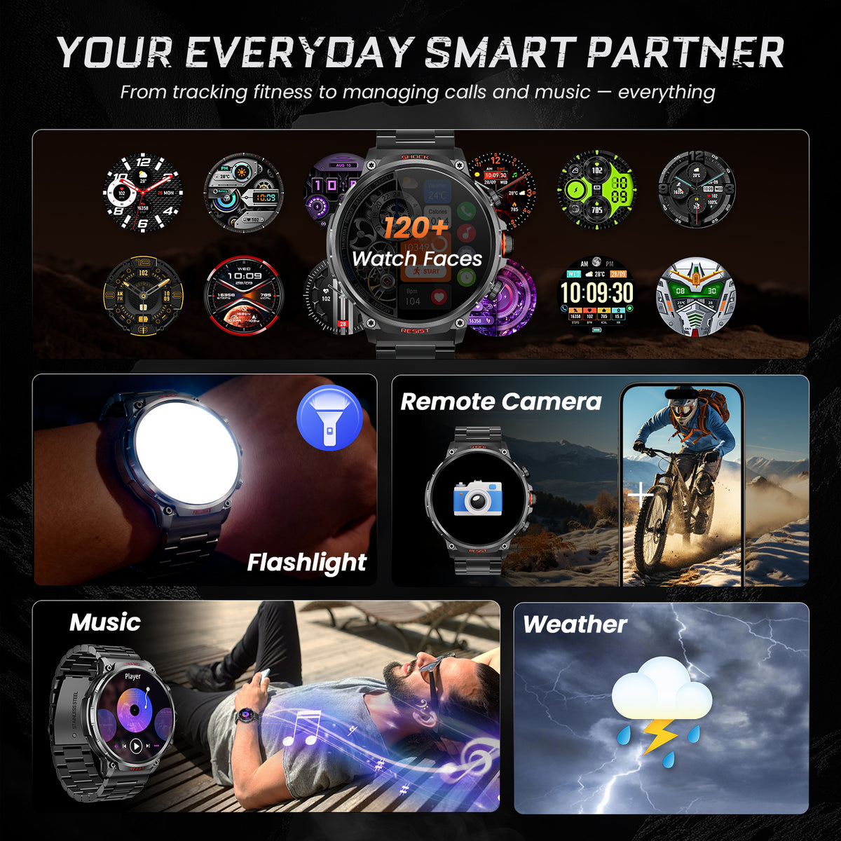 M6 Max Black steel smartwatch everyday tools and watch faces