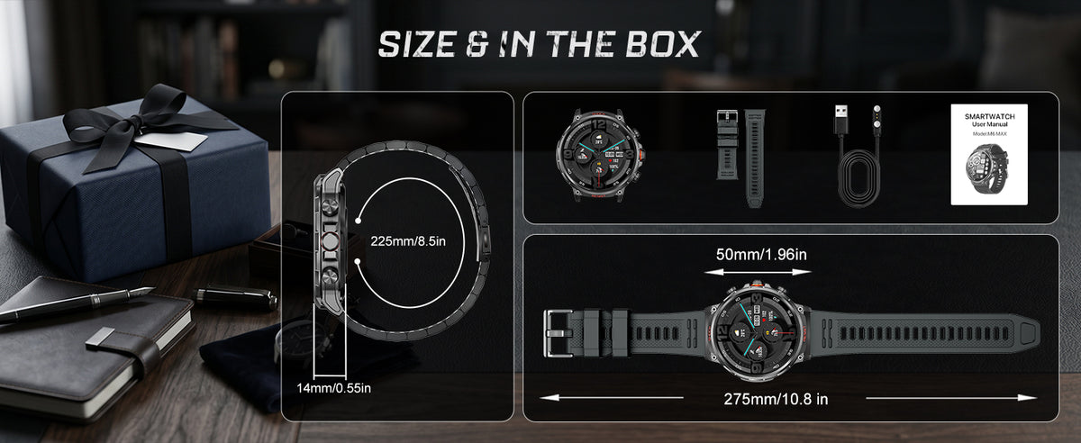 M6 Max Black steel smartwatch size and package contents