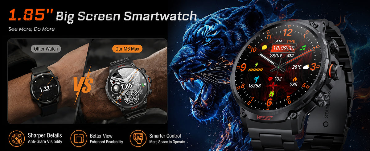 M6 Max Black steel smartwatch a bigger view for easier control