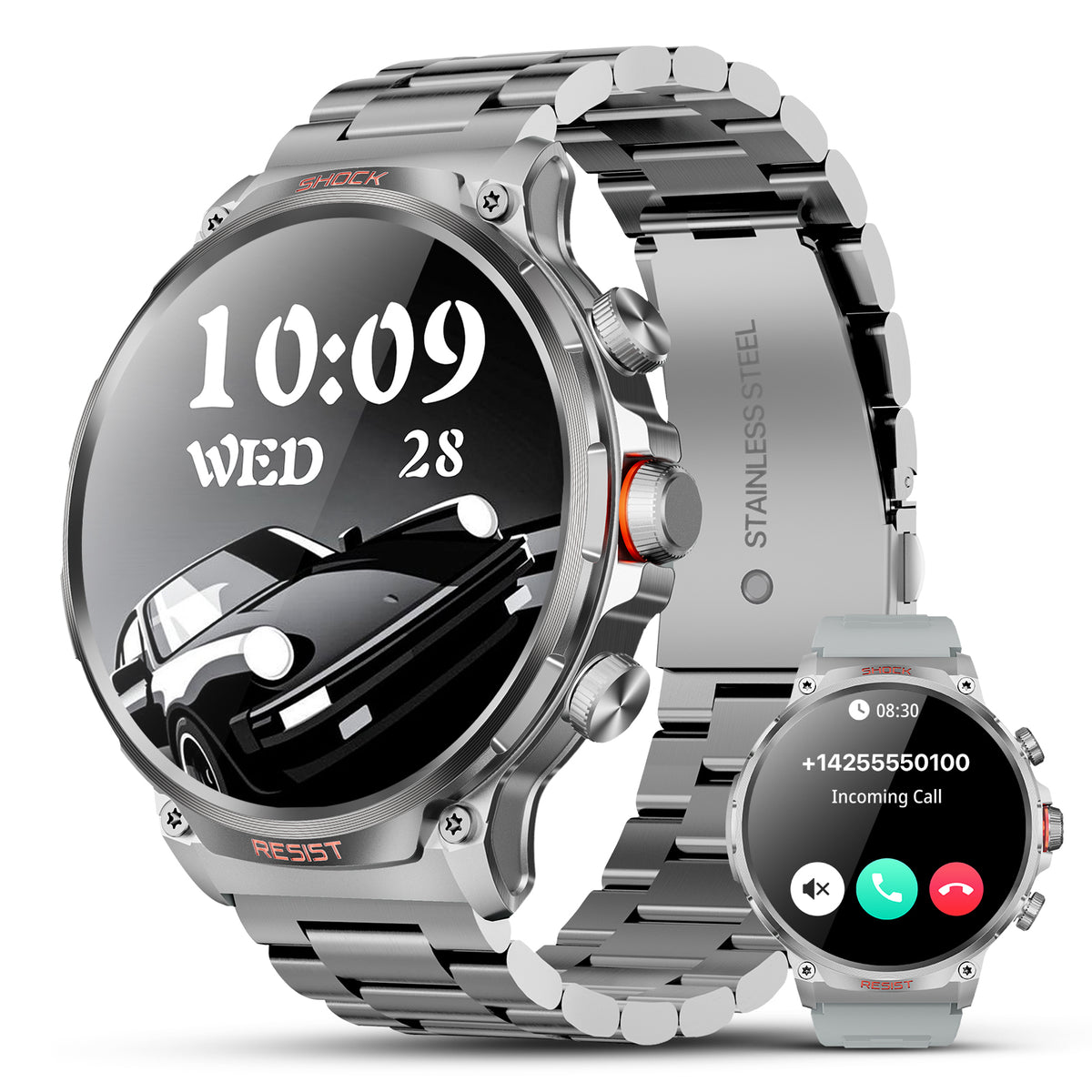 M6 Max Silver steel smartwatch front and rear product view