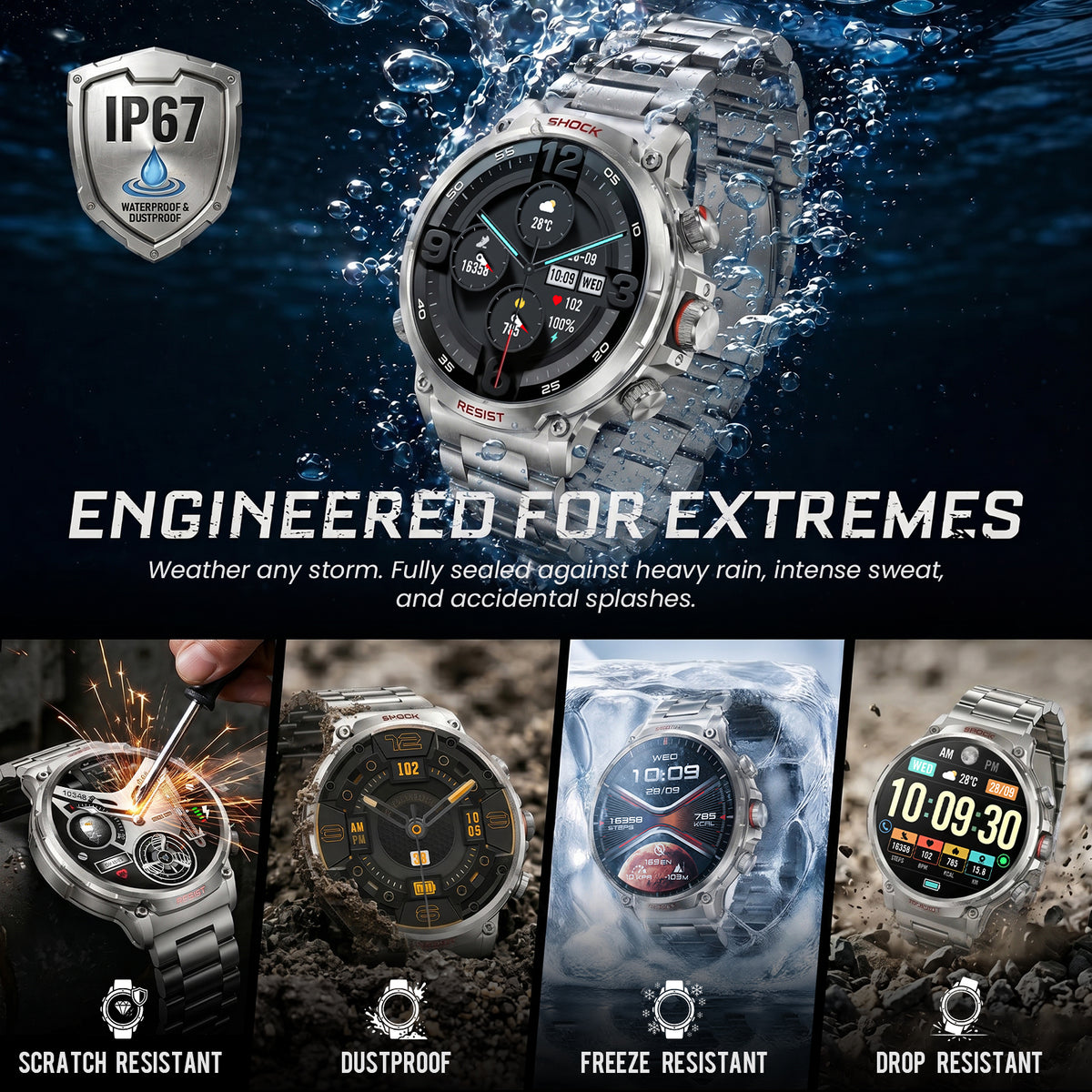 M6 Max Silver steel smartwatch IP67 protection and rugged durability