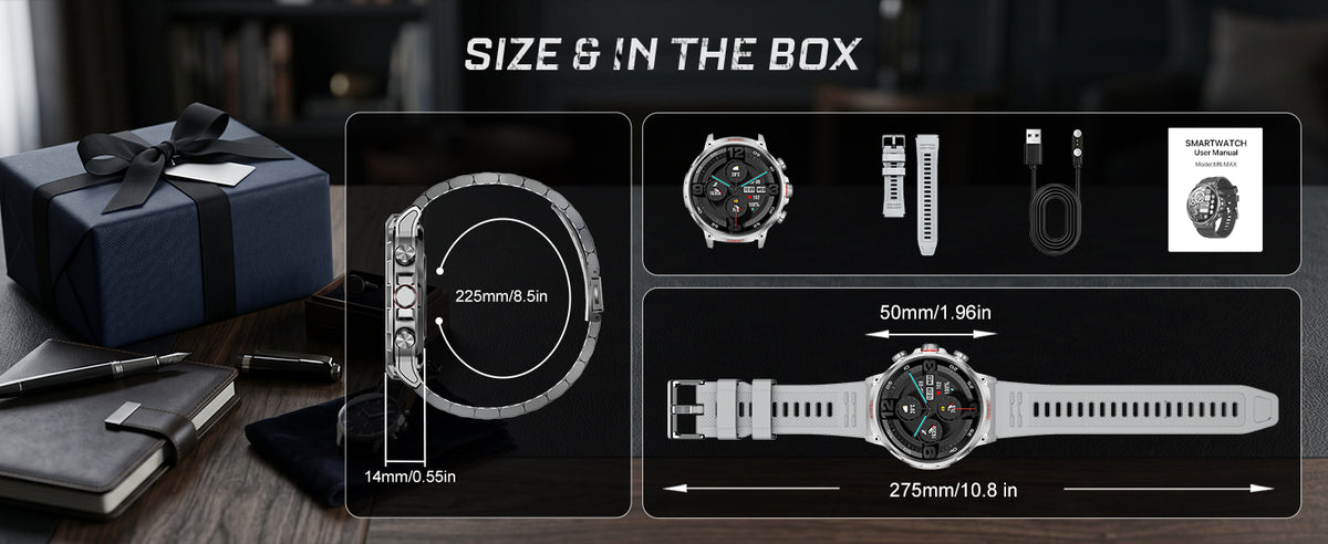 M6 Max Silver steel smartwatch size and package contents