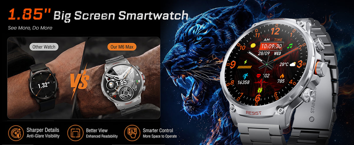 M6 Max Silver steel smartwatch a bigger view for easier control