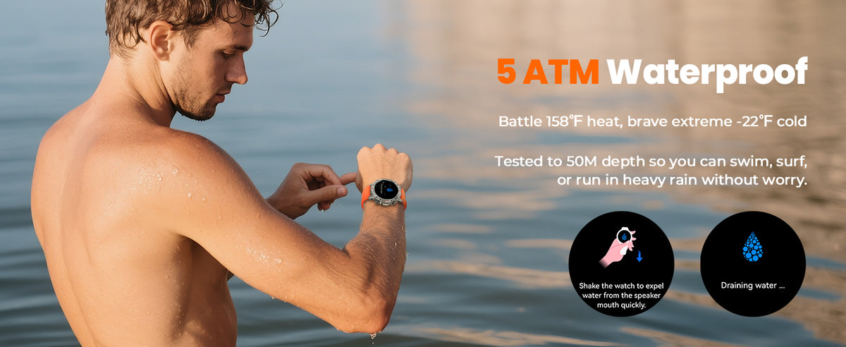 Motion 6 Silver case and orange silicone band with 5ATM water resistance