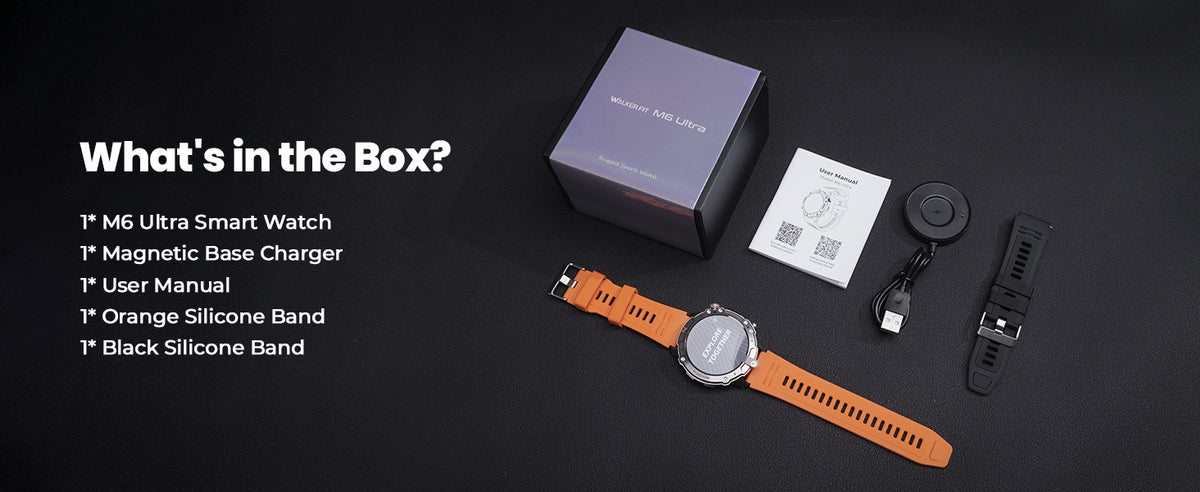 Motion 6 Silver case package contents with orange and black silicone bands
