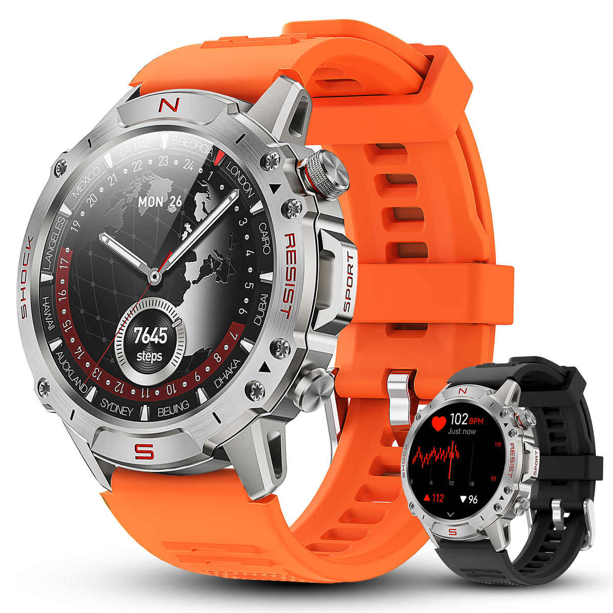 Motion 6 Silver case with orange silicone band main product image with additional black band #Case Color_Silver