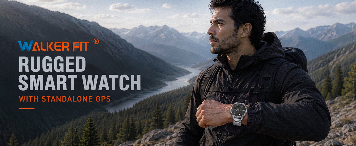 Silver WalkerFit Motion 6 GPS rugged smartwatch with standalone GPS in a mountain setting
