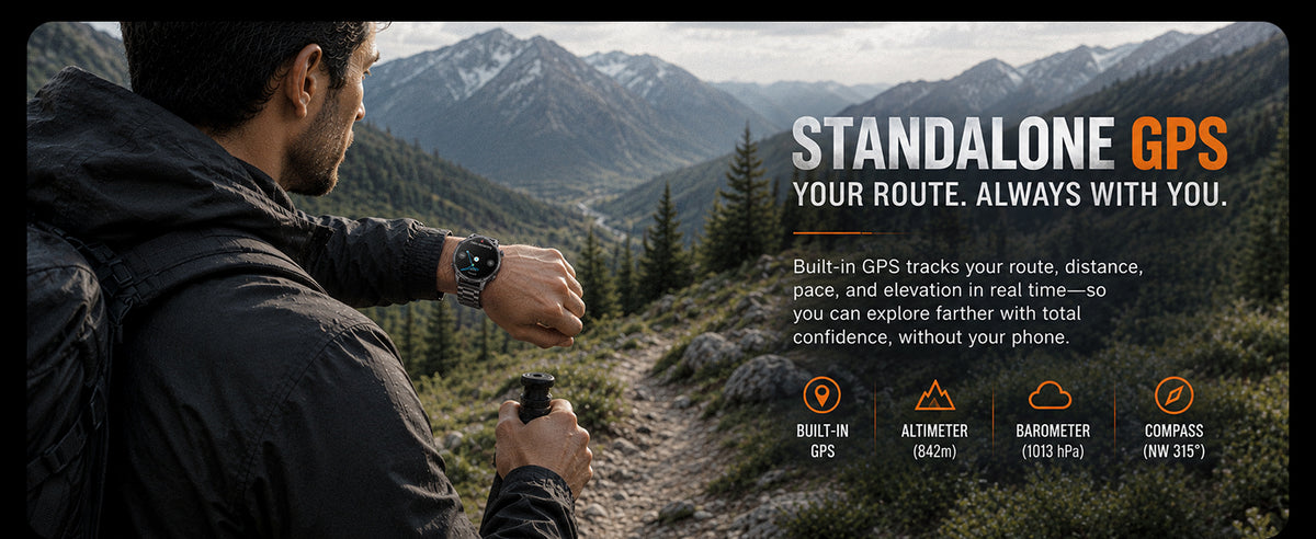 Black WalkerFit Motion 6 GPS route tracking with altimeter, barometer, and compass