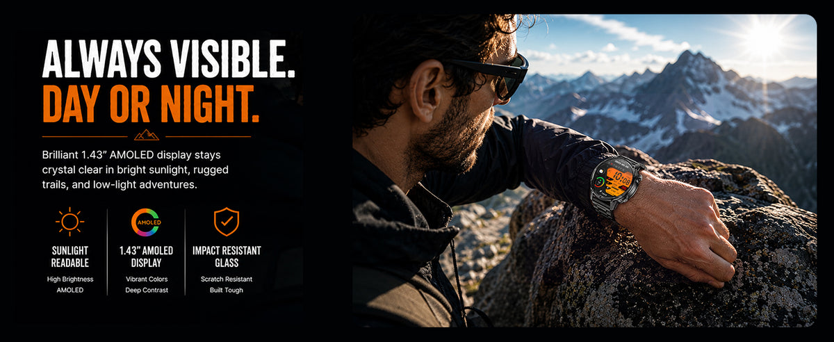 Black WalkerFit Motion 6 GPS 1.43-inch AMOLED display in mountain sunlight