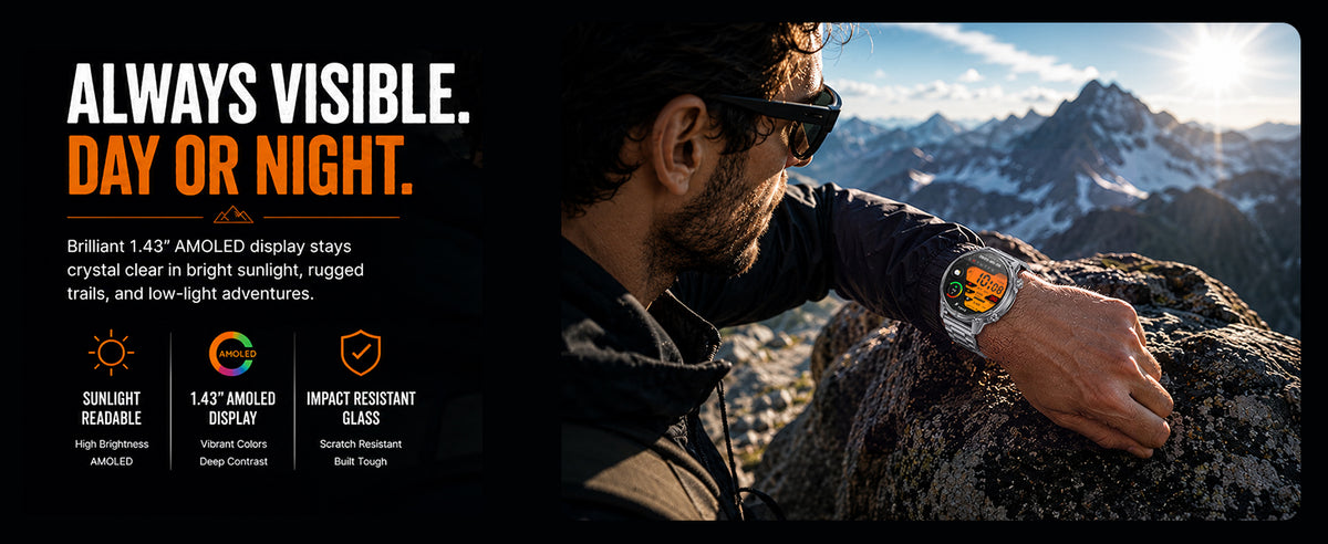 Silver WalkerFit Motion 6 GPS 1.43-inch AMOLED display in mountain sunlight