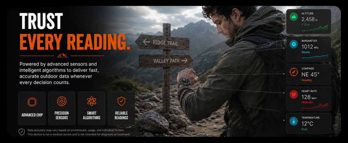 Black WalkerFit Motion 6 GPS outdoor readings for altitude, barometer, compass, heart rate, and temperature