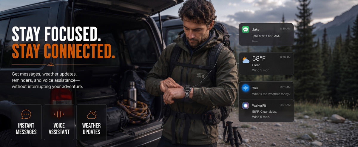 Black WalkerFit Motion 6 GPS messages, voice assistant, and weather notifications