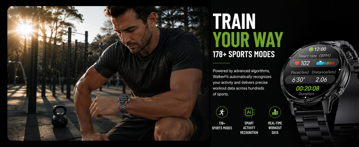 Black WalkerFit Motion 6 GPS with 178+ sports modes and workout tracking
