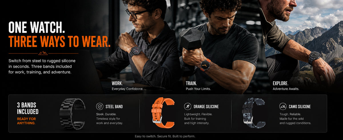 Black WalkerFit Motion 6 GPS with steel, orange silicone, and camo silicone bands