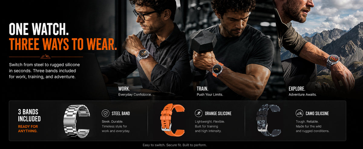 Silver WalkerFit Motion 6 GPS with steel, orange silicone, and camo silicone bands