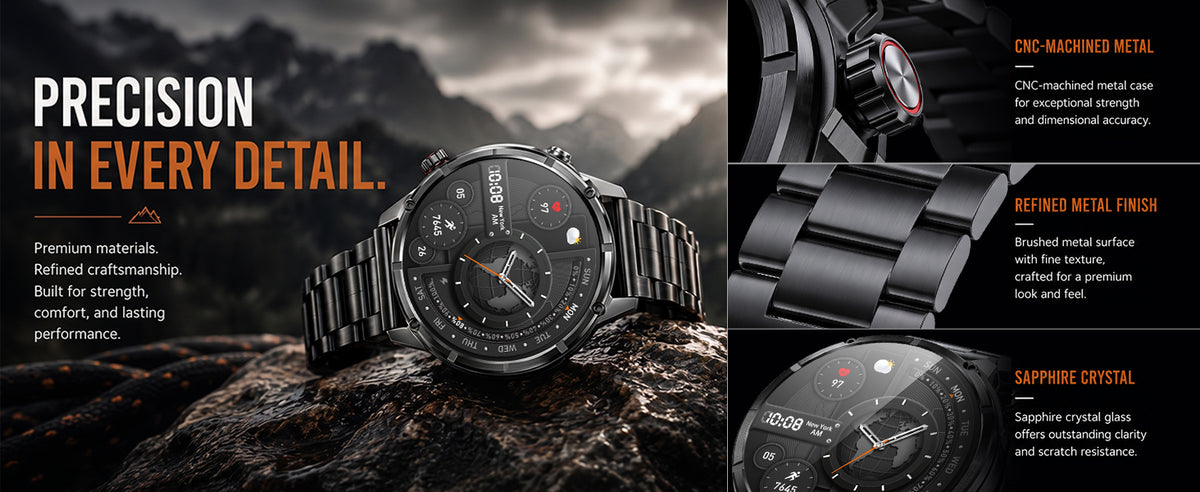 Black WalkerFit Motion 6 GPS precision metal case, bezel, and glass details