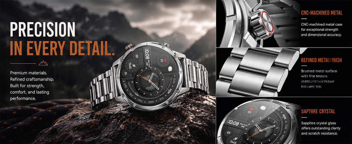 Silver WalkerFit Motion 6 GPS precision metal case, bezel, and glass details