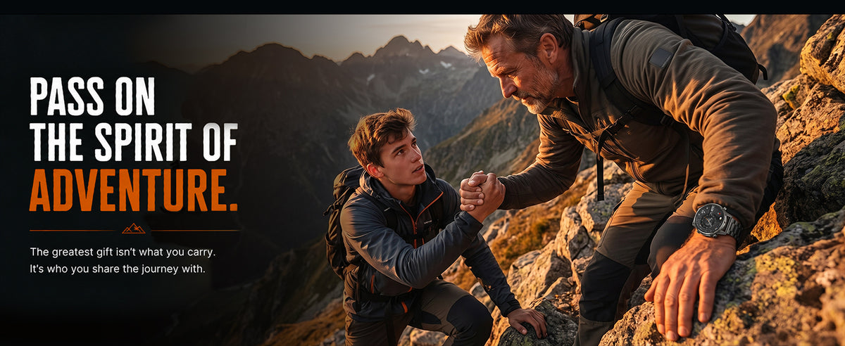 Black WalkerFit Motion 6 GPS in an outdoor mountain adventure scene