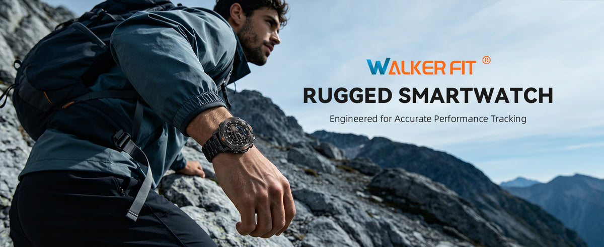 Motion 6 Black Steel rugged smartwatch worn during an outdoor climb