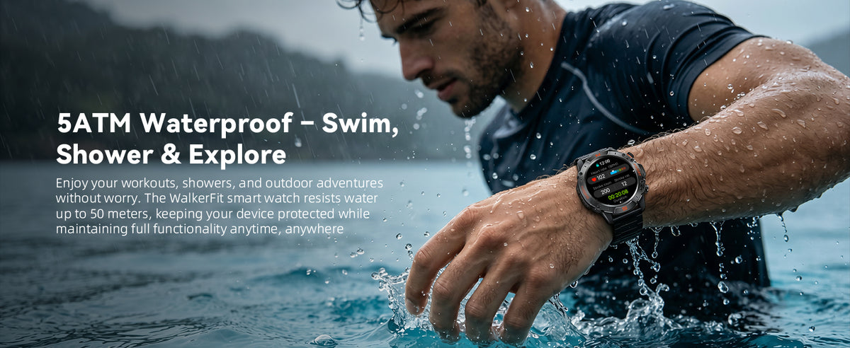 Motion 6 Black Steel 5ATM water-resistant smartwatch near moving water