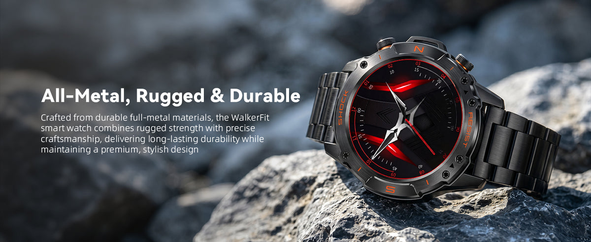 Motion 6 Black Steel smartwatch with black stainless-steel bracelet and rugged metal case