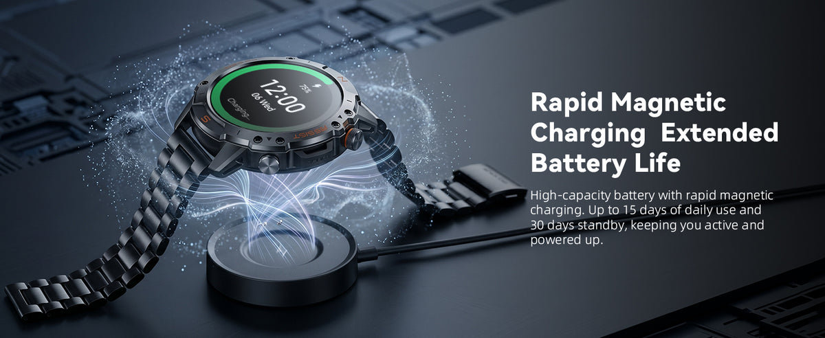 Motion 6 Black Steel magnetic charging and extended battery life